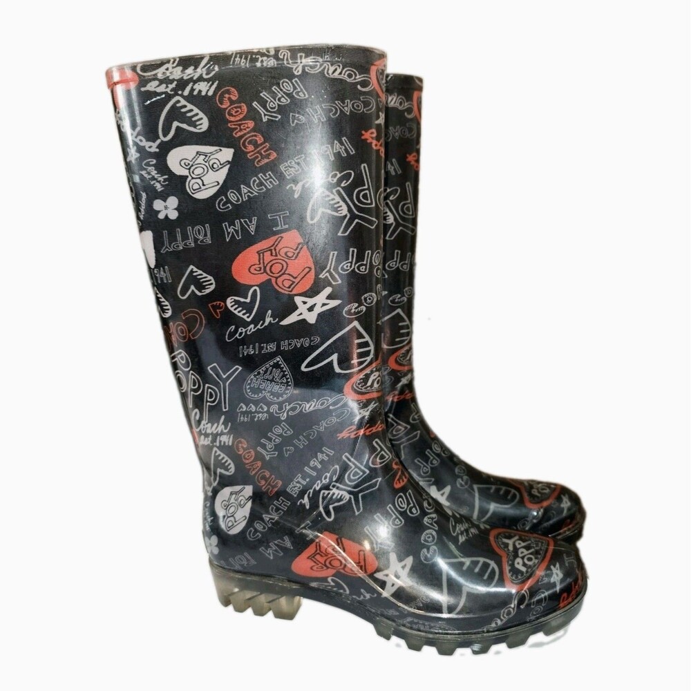 COACH POPPY Pixy Sz 6 Jelly Black All Over Logo ❤️ Outdoor Mud Rubber Rain Boots